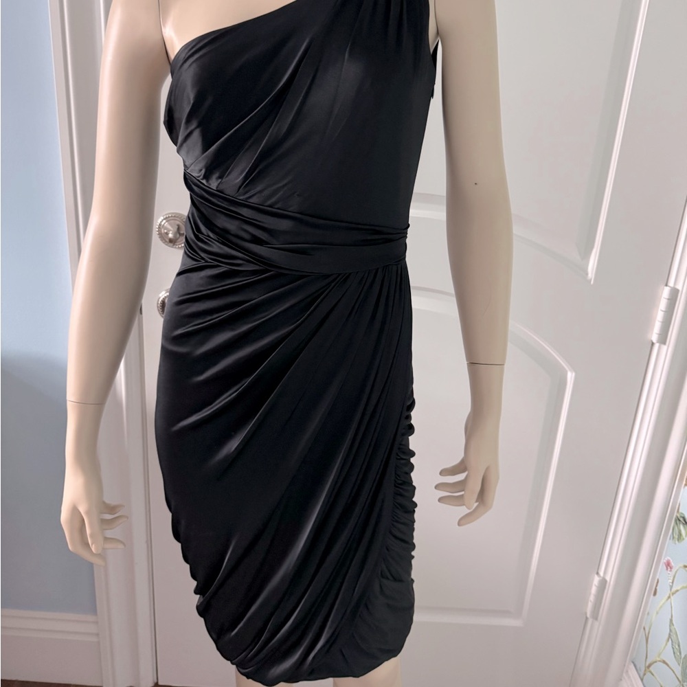 Zac Posen One Shoulder black Silky Ruched Cocktail Dress size 4